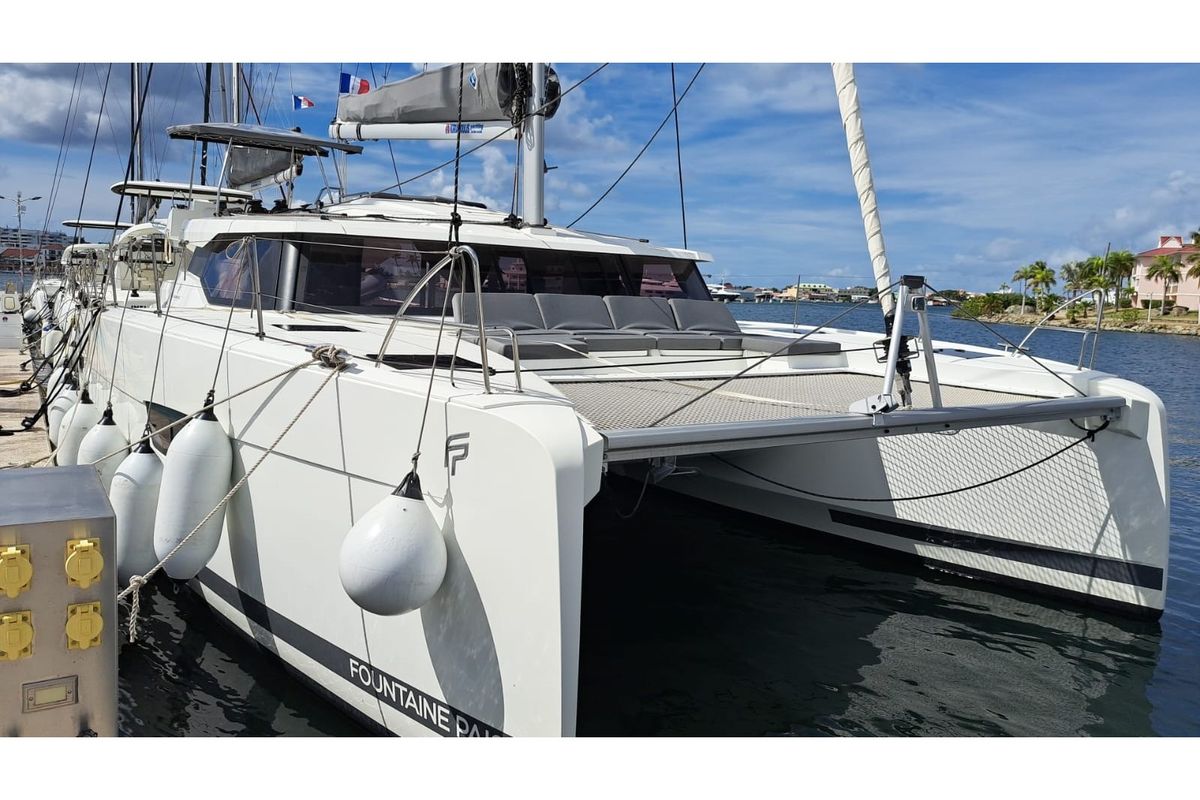 Exterior view of MARGUERITE, a Fountaine Pajot Astréa 42 catamaran at Propriano, France