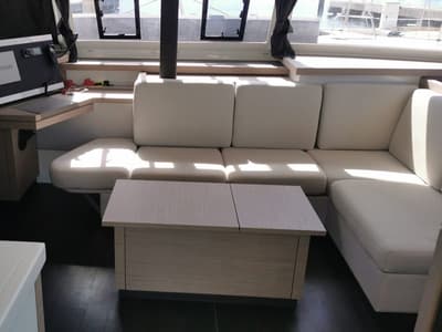 Salon of MARGUERITE, a Fountaine Pajot Astréa 42 catamaran at Propriano, France