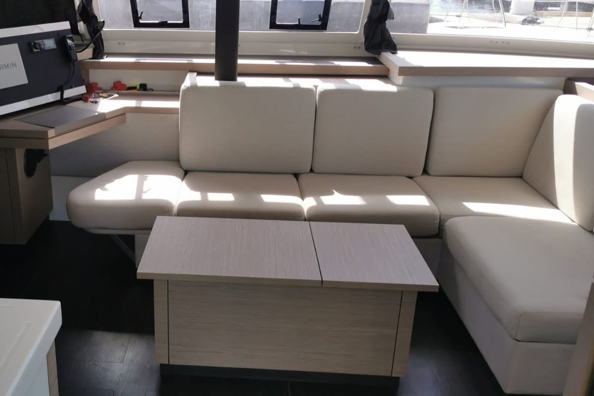 Salon of MARGUERITE, a Fountaine Pajot Astréa 42 catamaran at Propriano, France