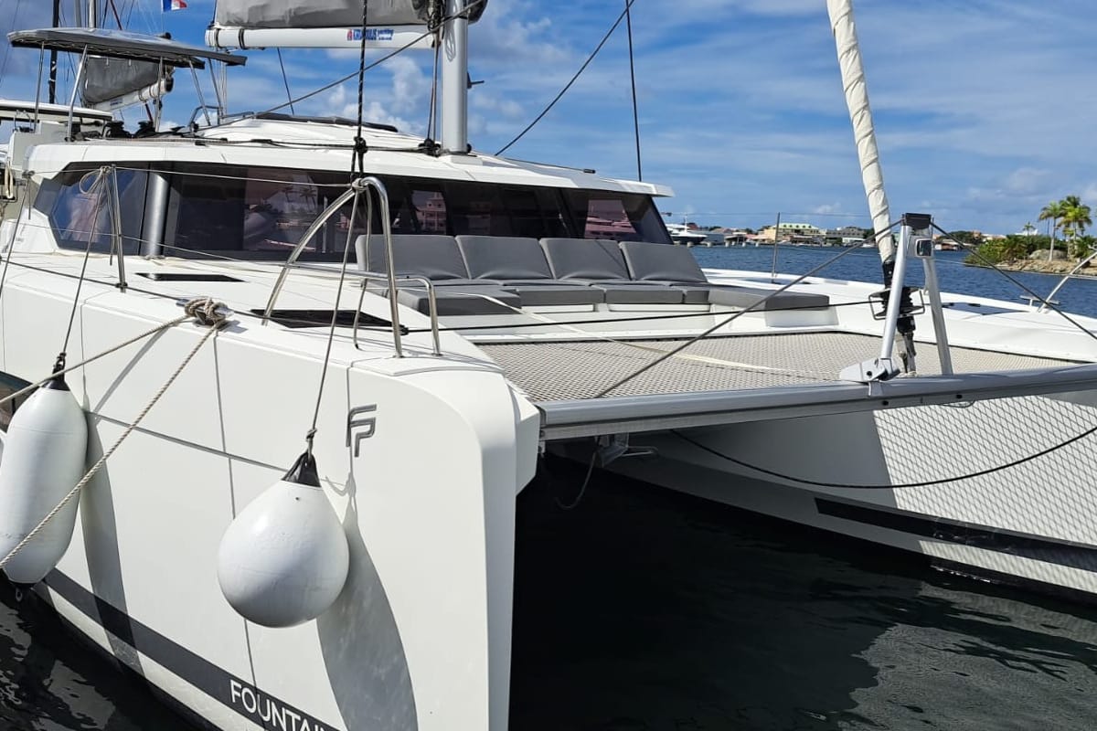Exterior view of MARGUERITE, a Fountaine Pajot Astréa 42 catamaran at Propriano, France
