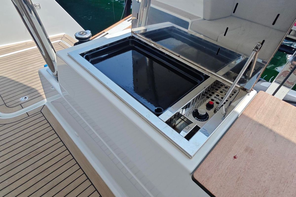 Cockpit of Caramita, a Fountaine Pajot Elba 45 catamaran at Punat, Croatia