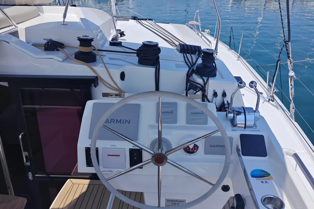 Deck of Caramita, a Fountaine Pajot Elba 45 catamaran at Punat, Croatia