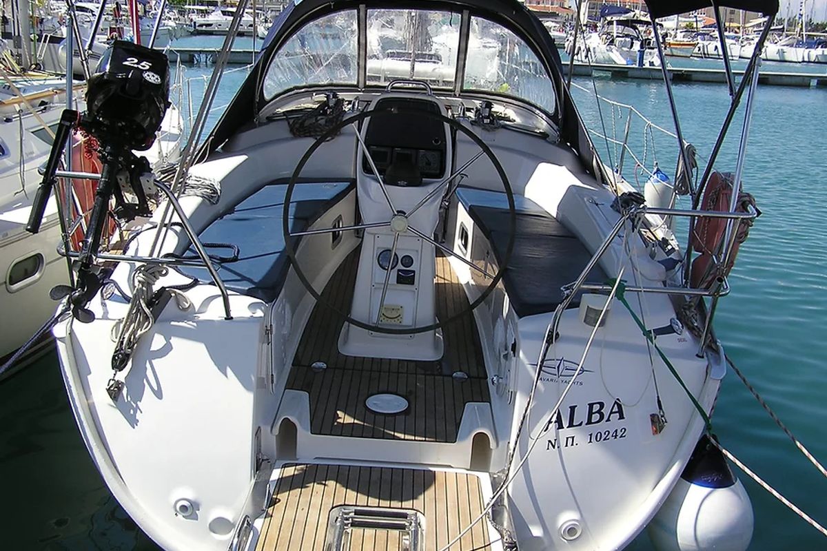 Exterior view of Alba, a Bavaria 35 Cruiser sailboat at Municipal Unit of Lefkada, Greece