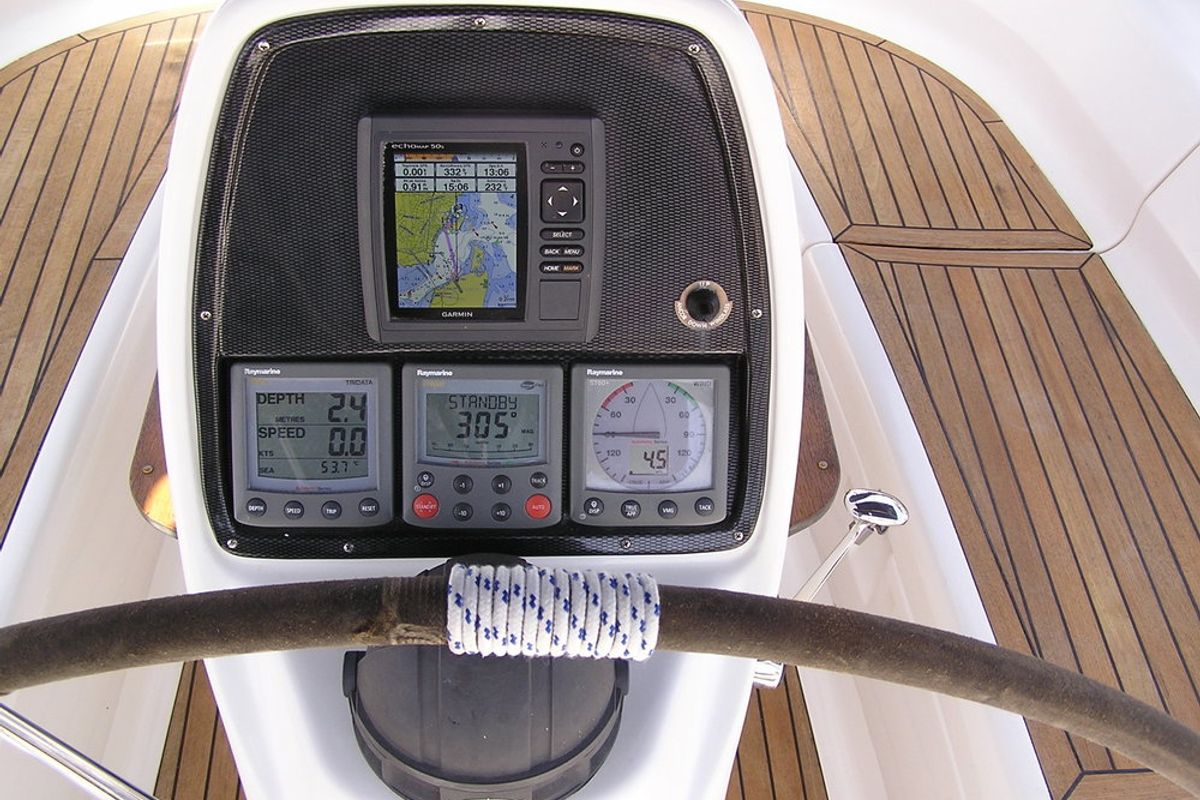 Cockpit of Alba, a Bavaria 35 Cruiser sailboat at Municipal Unit of Lefkada, Greece