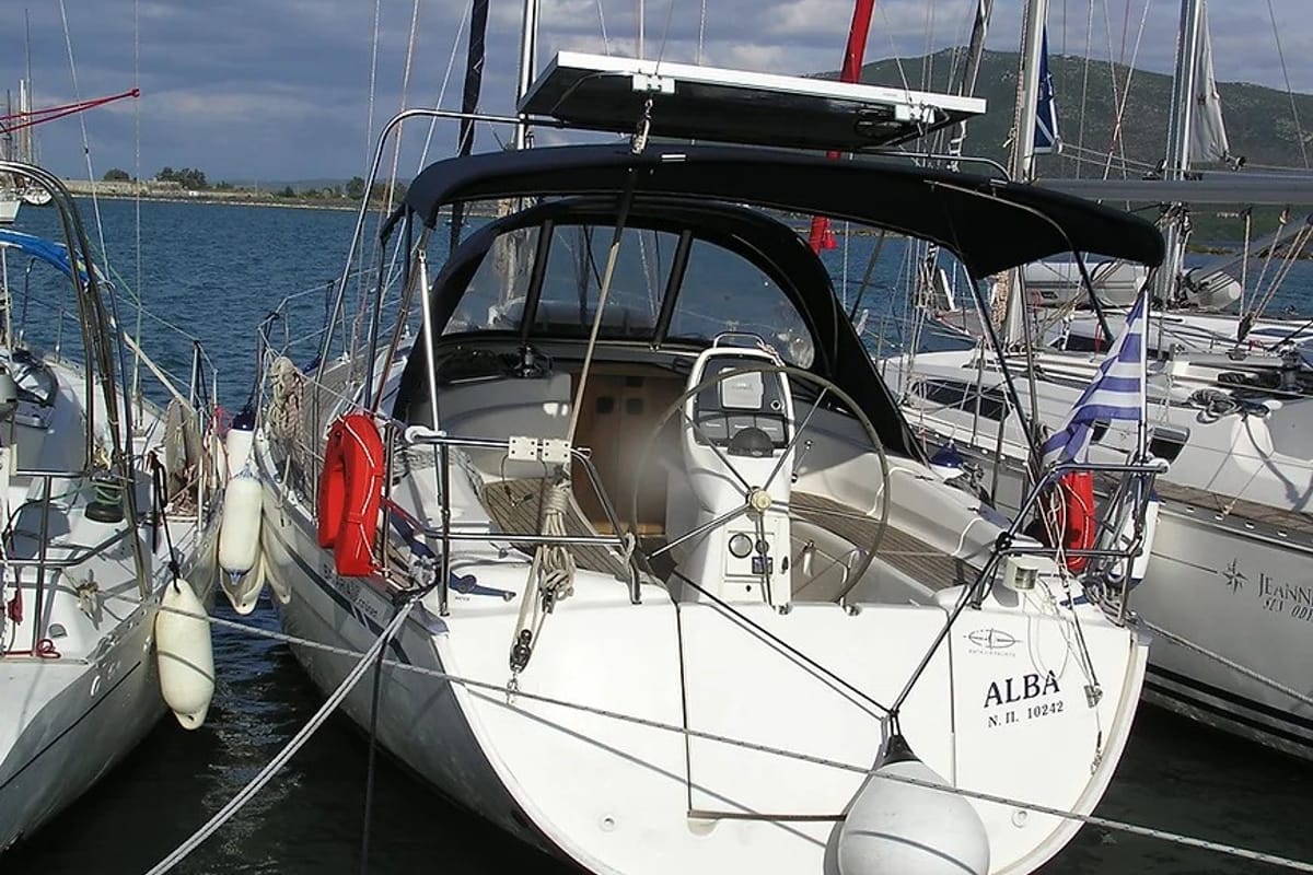Exterior view of Alba, a Bavaria 35 Cruiser sailboat at Municipal Unit of Lefkada, Greece