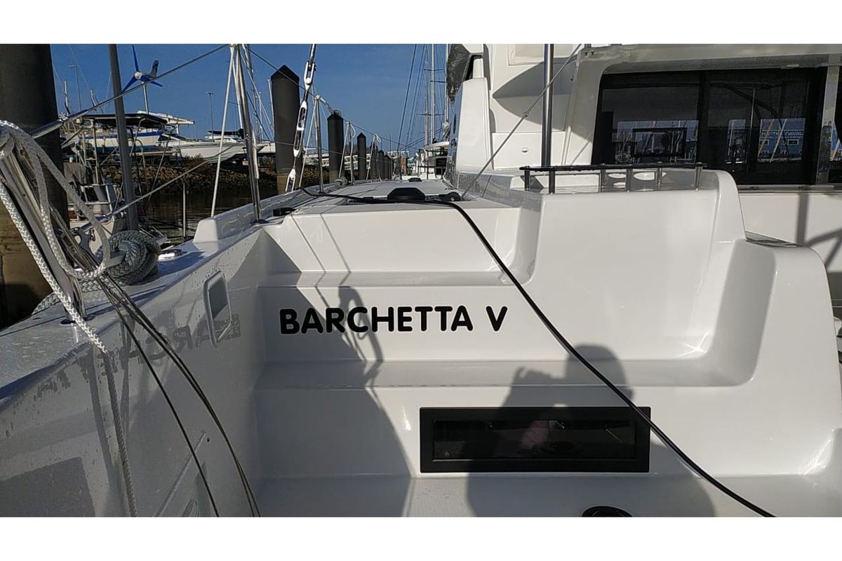 Exterior view of Barchetta V, a Lagoon 46 catamaran at Piraeus, Greece