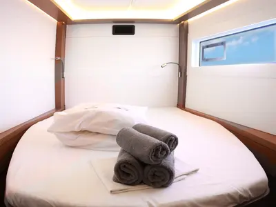 Cabin on Barchetta V, a Lagoon 46 catamaran at Piraeus, Greece