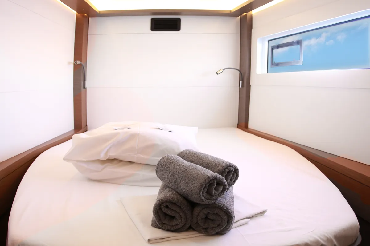 Cabin on Barchetta V, a Lagoon 46 catamaran at Piraeus, Greece