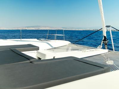 Deck of Barchetta V, a Lagoon 46 catamaran at Piraeus, Greece