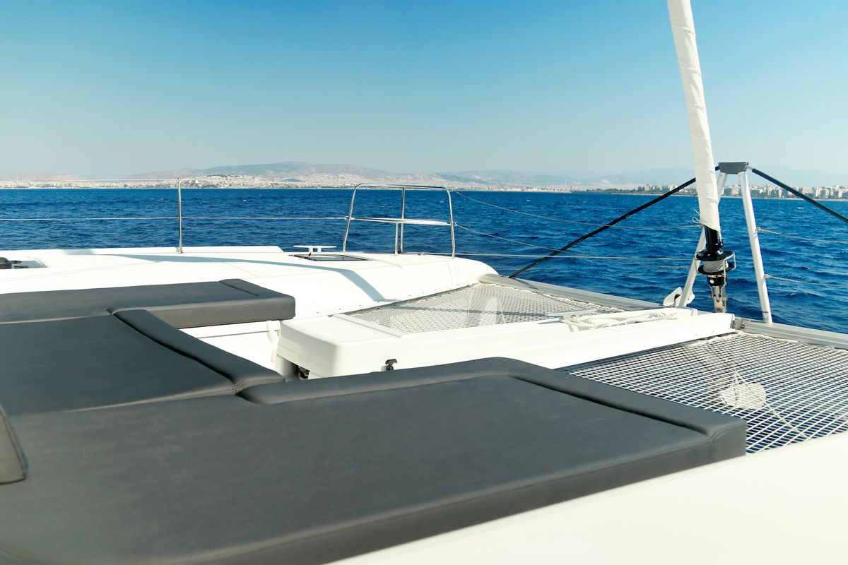 Deck of Barchetta V, a Lagoon 46 catamaran at Piraeus, Greece
