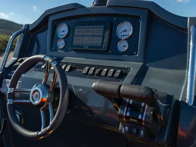 Cockpit of Viviana, a Gulet Panamera PY90 motorboat at Lavreotiki Municipal Unit, Greece