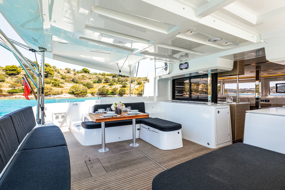 Deck of BALLO, a Lagoon 46 catamaran at Gouvia, Greece