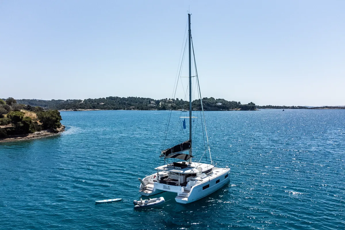 Exterior view of BALLO, a Lagoon 46 catamaran at Gouvia, Greece