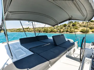 Cockpit of BALLO, a Lagoon 46 catamaran at Gouvia, Greece