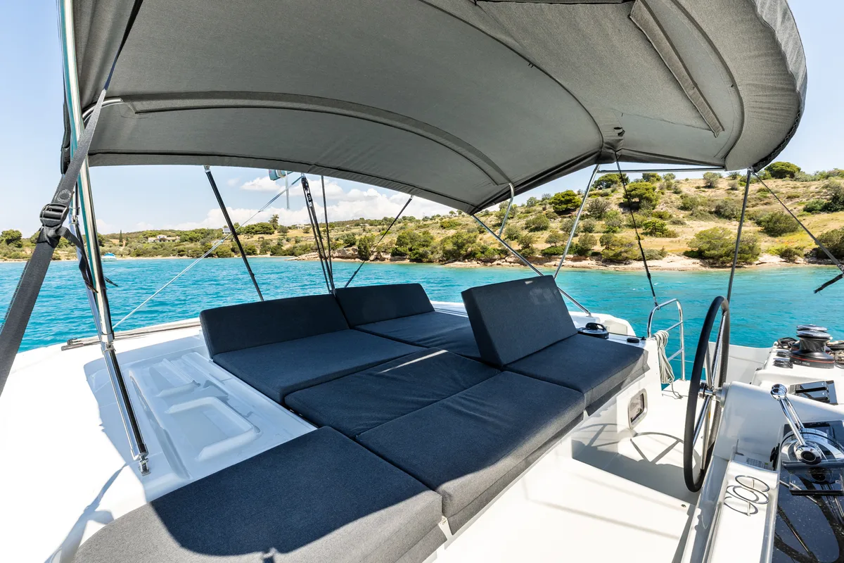 Cockpit of BALLO, a Lagoon 46 catamaran at Gouvia, Greece