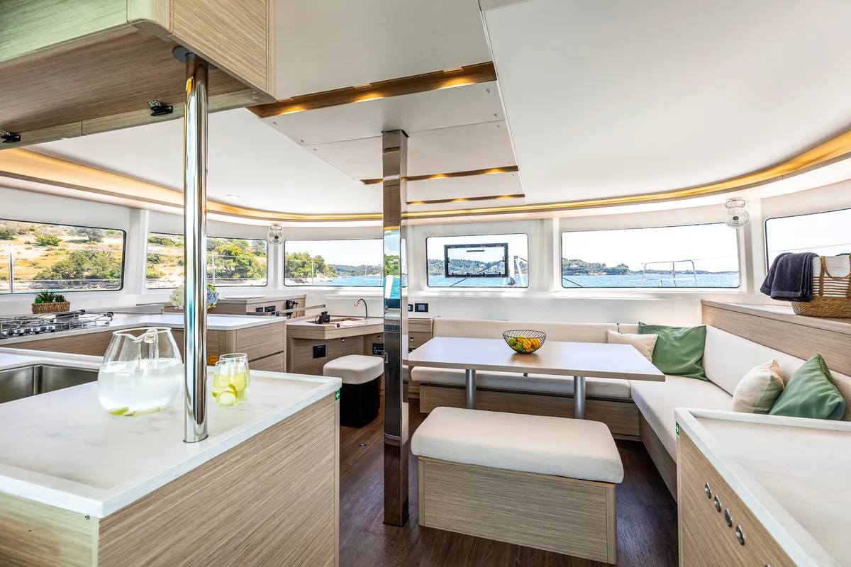 Salon of BALLO, a Lagoon 46 catamaran at Gouvia, Greece