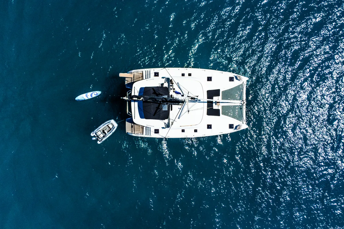 Exterior view of BALLO, a Lagoon 46 catamaran at Gouvia, Greece