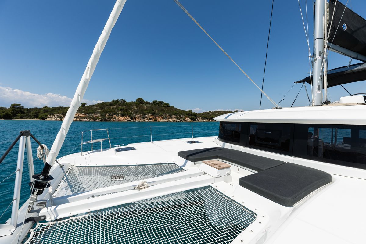 Deck of BALLO, a Lagoon 46 catamaran at Gouvia, Greece
