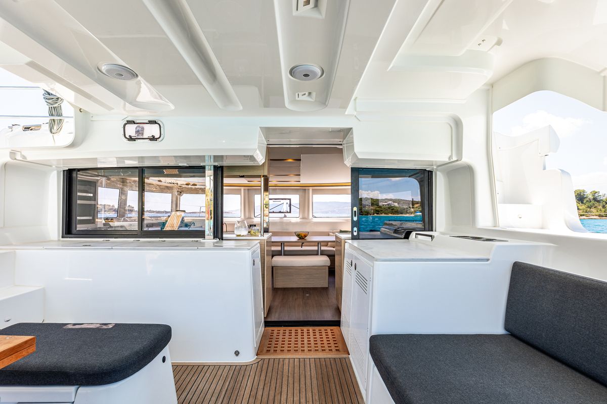 Salon of BALLO, a Lagoon 46 catamaran at Gouvia, Greece
