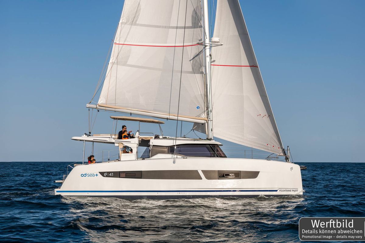 Exterior view of Gin Mar, a Fountaine Pajot FP 41 Maesto 3 catamaran at Palma de Mallorca, Spain
