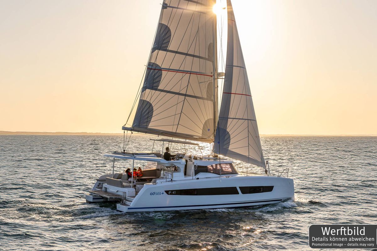 Exterior view of Gin Mar, a Fountaine Pajot FP 41 Maesto 3 catamaran at Palma de Mallorca, Spain