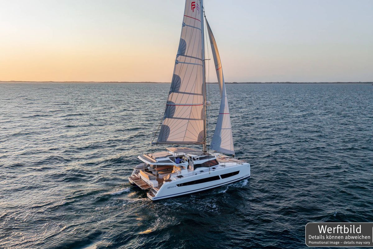 Exterior view of Gin Mar, a Fountaine Pajot FP 41 Maesto 3 catamaran at Palma de Mallorca, Spain