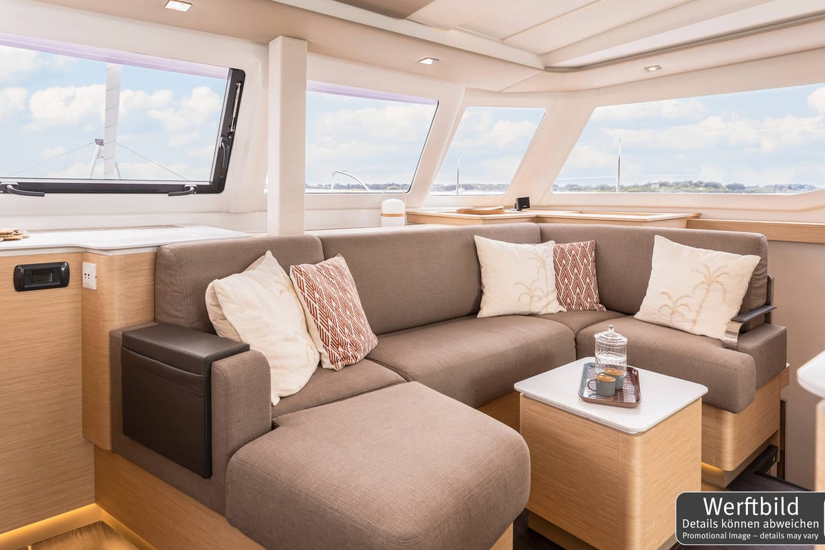 Salon of Gin Mar, a Fountaine Pajot FP 41 Maesto 3 catamaran at Palma de Mallorca, Spain