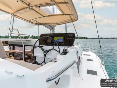 Cockpit of Gin Mar, a Fountaine Pajot FP 41 Maesto 3 catamaran at Palma de Mallorca, Spain