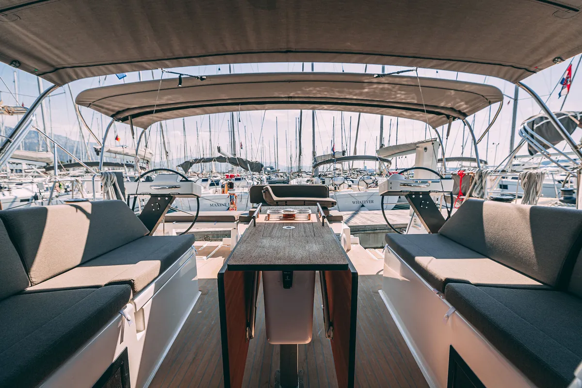 Cockpit of Angelique, a Dufour 470 sailboat at Grad Kaštela, Croatia