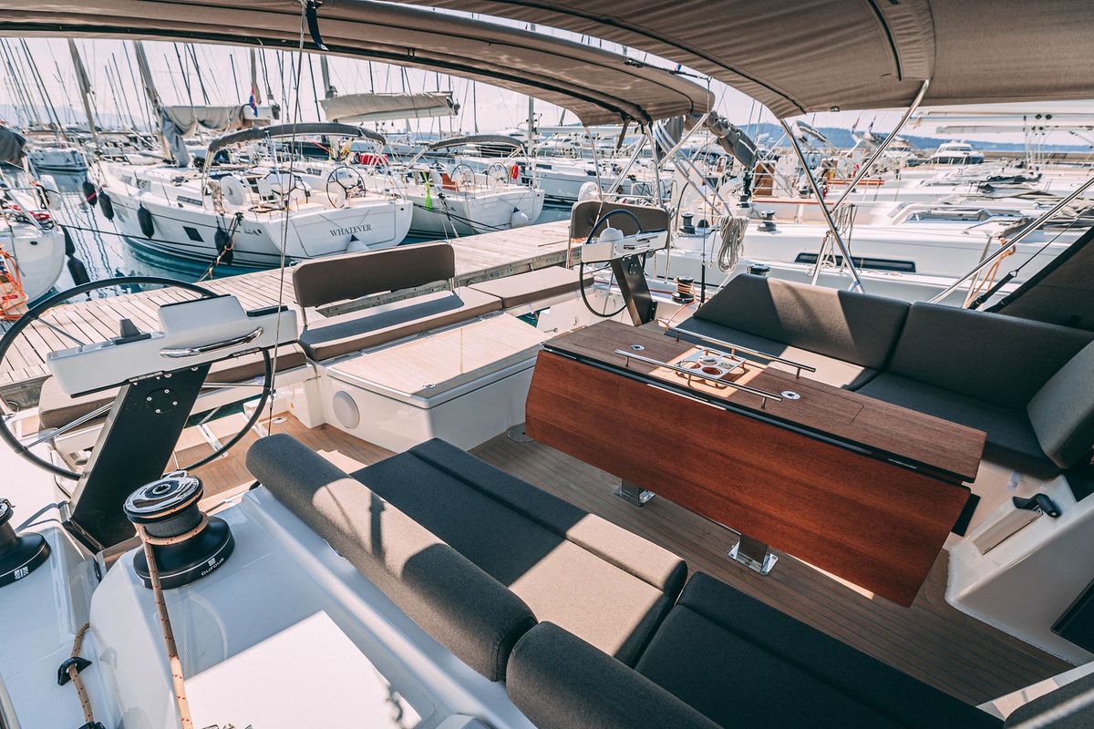 Cockpit of Angelique, a Dufour 470 sailboat at Grad Kaštela, Croatia