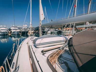 Deck of Angelique, a Dufour 470 sailboat at Grad Kaštela, Croatia