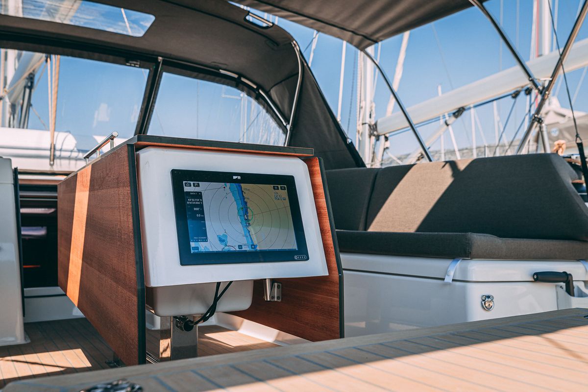 Cockpit of Angelique, a Dufour 470 sailboat at Grad Kaštela, Croatia