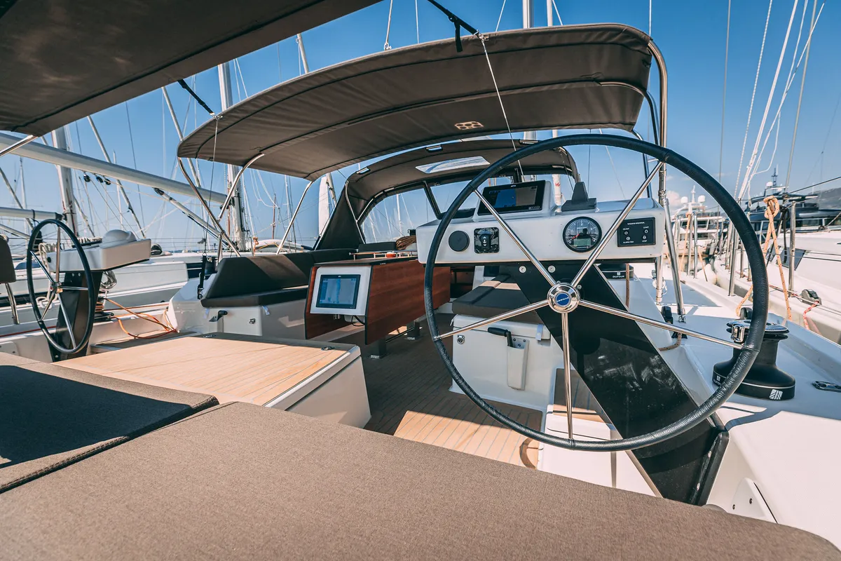 Cockpit of Angelique, a Dufour 470 sailboat at Grad Kaštela, Croatia