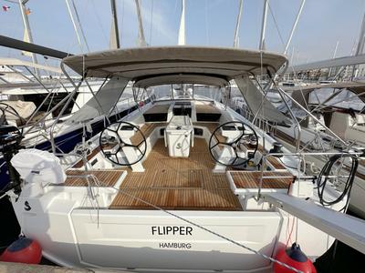 Cockpit of Flipper, a Beneteau Oceanis 51.1 sailboat at Palma de Mallorca, Spain