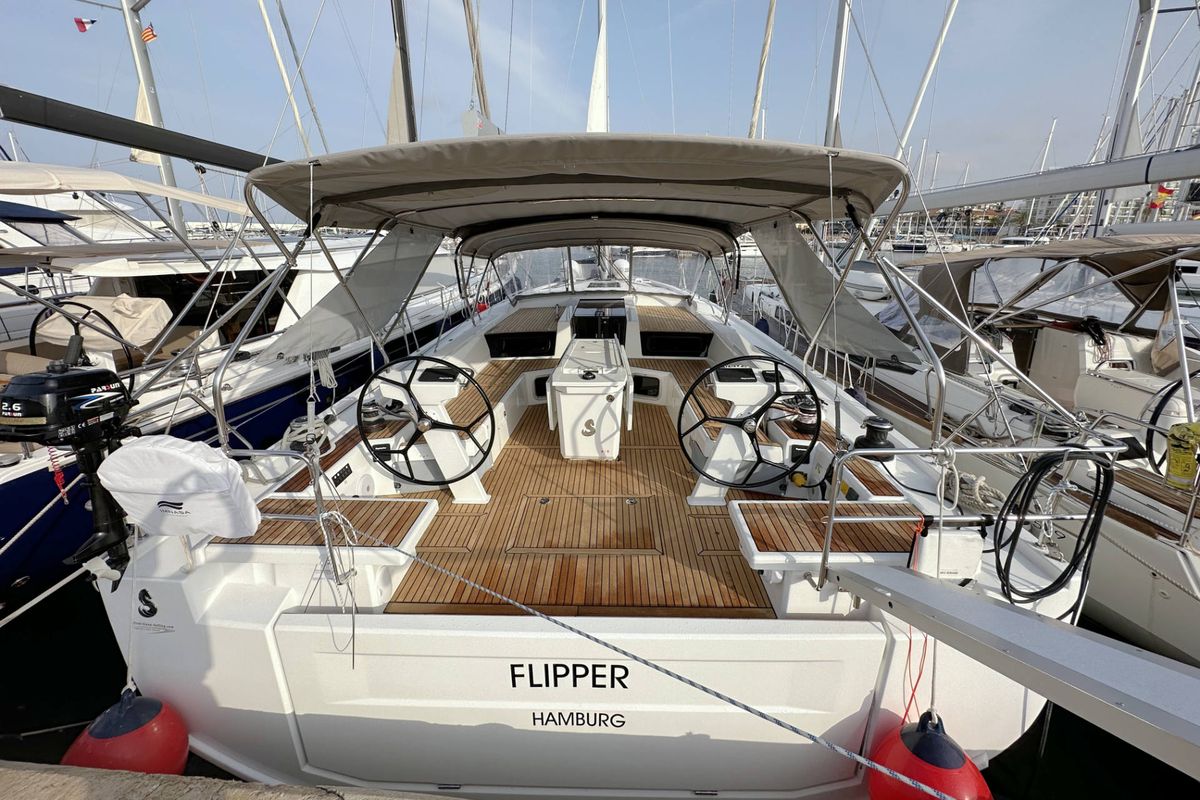 Cockpit of Flipper, a Beneteau Oceanis 51.1 sailboat at Palma de Mallorca, Spain