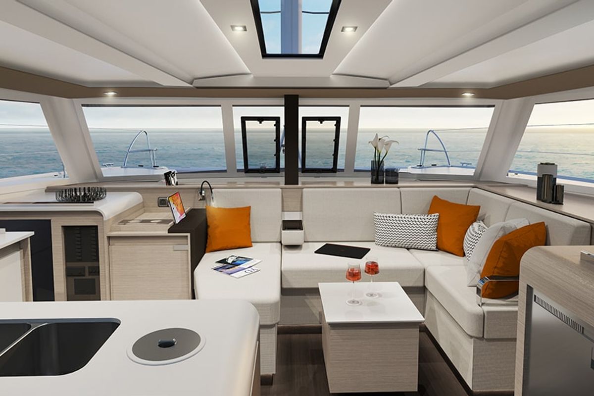 Salon of Angelica, a Fountaine Pajot Isla 40 catamaran at Athens, Greece