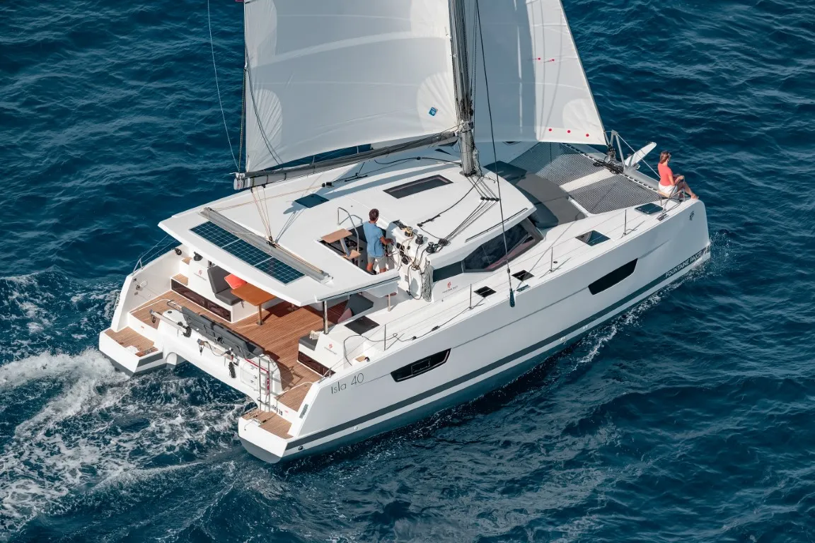 Exterior view of Angelica, a Fountaine Pajot Isla 40 catamaran at Athens, Greece