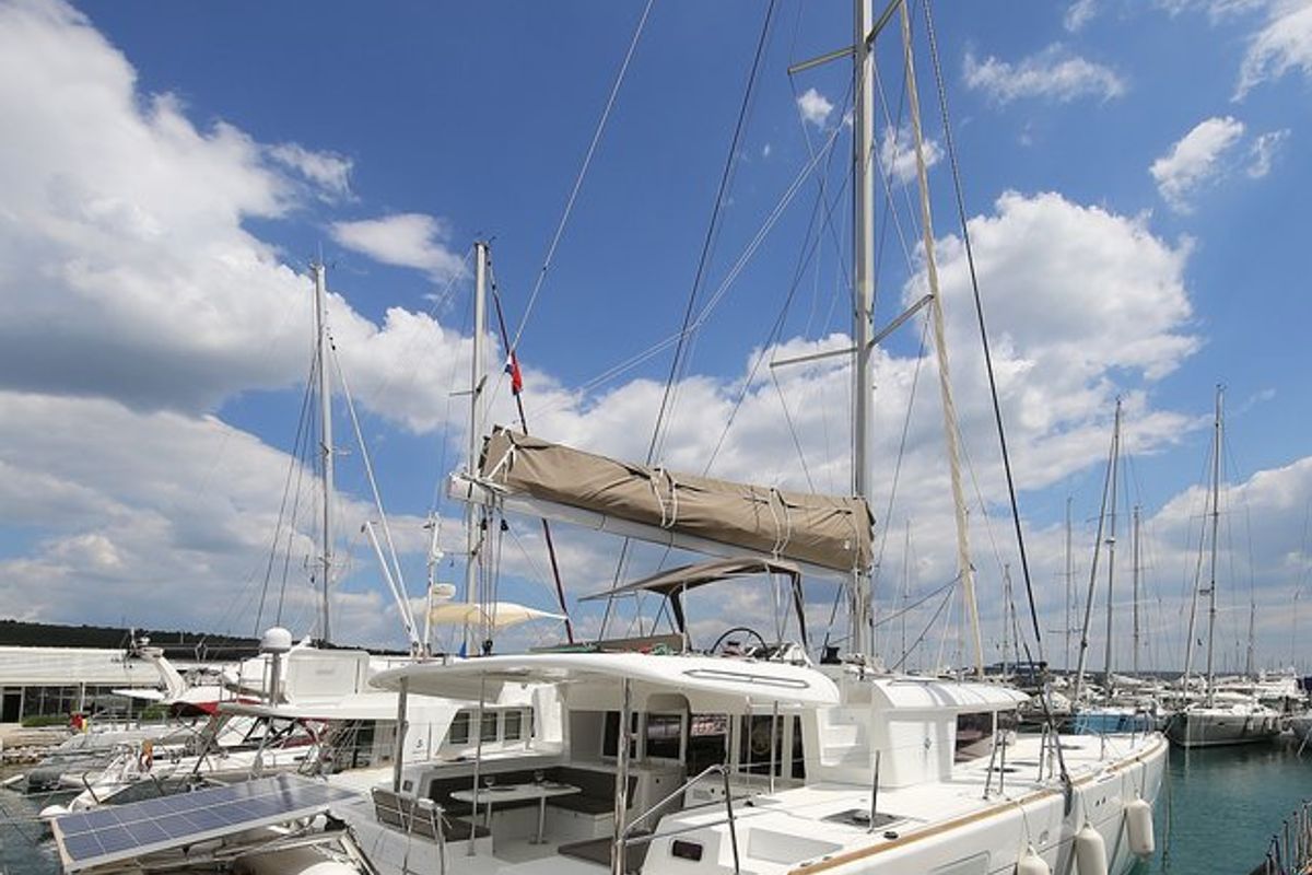 Exterior view of Ladies And Gentlemen, a Lagoon 450 catamaran at Općina Sukošan, Croatia