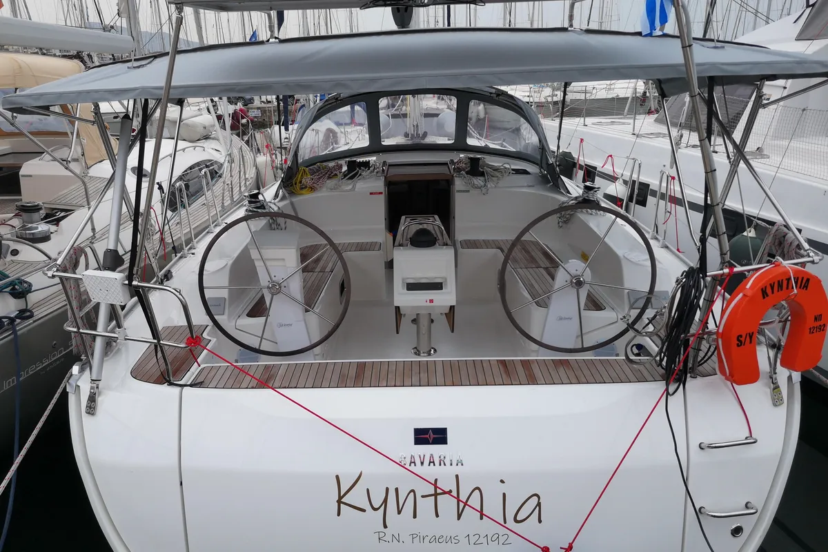 Cockpit of Kynthia, a Bavaria Cruiser 46 sailboat at Kos, Greece