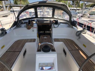 Cockpit of Kynthia, a Bavaria Cruiser 46 sailboat at Kos, Greece