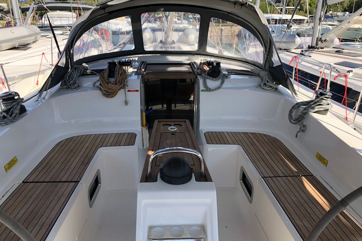 Cockpit of Kynthia, a Bavaria Cruiser 46 sailboat at Kos, Greece