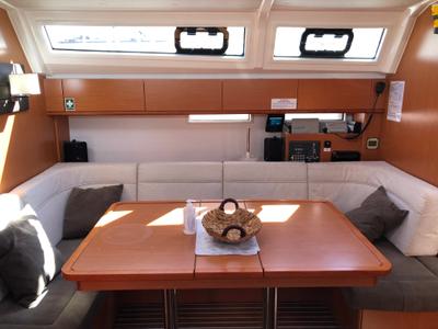 Salon of Kynthia, a Bavaria Cruiser 46 sailboat at Kos, Greece