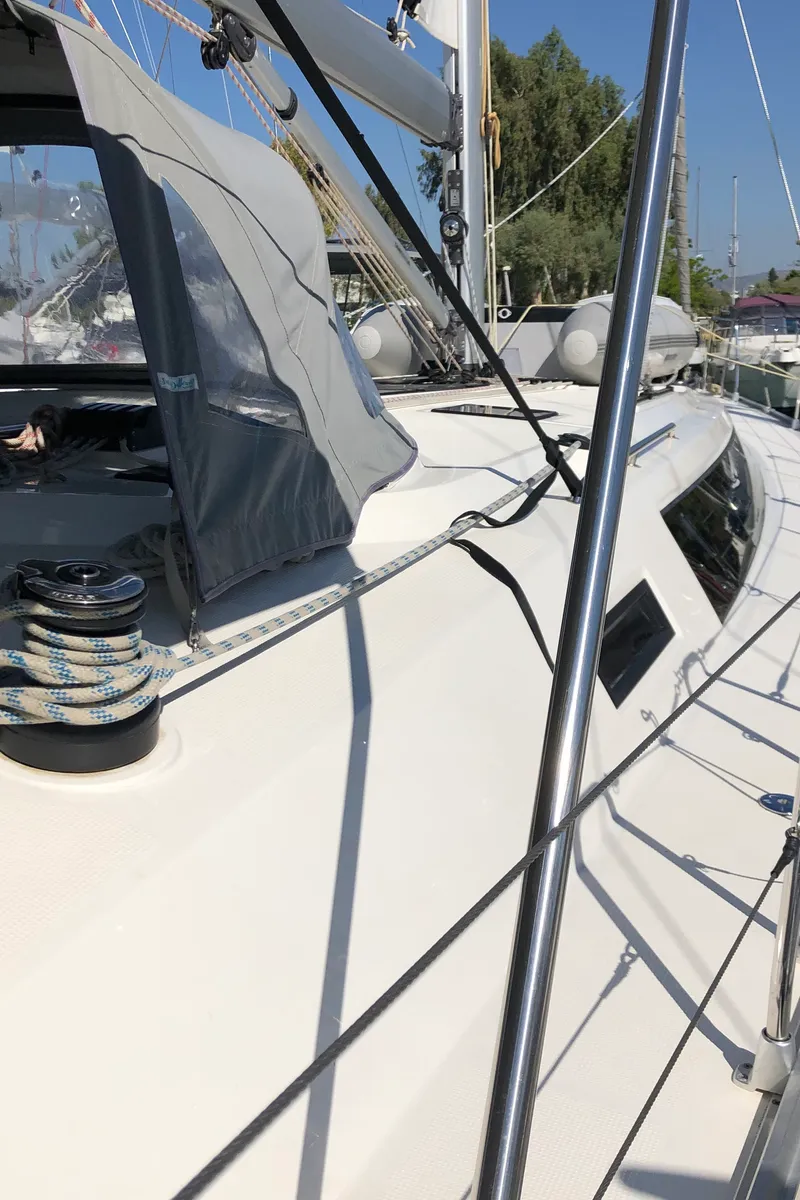 Exterior view of Kynthia, a Bavaria Cruiser 46 sailboat at Kos, Greece