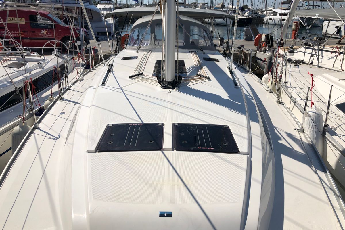 Deck of Kynthia, a Bavaria Cruiser 46 sailboat at Kos, Greece