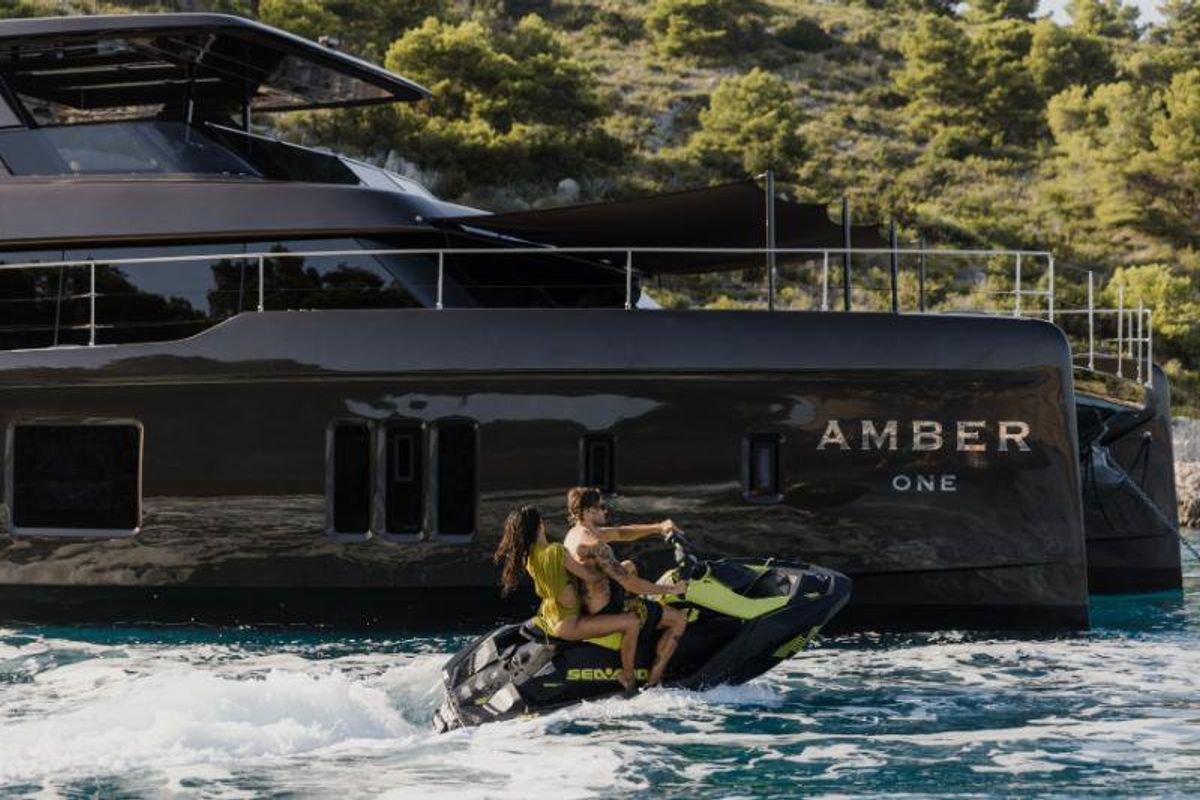 Exterior view of Amber One, a Sunreef Yachts Sunreef 70 Power catamaran at Grad Kaštela, Croatia