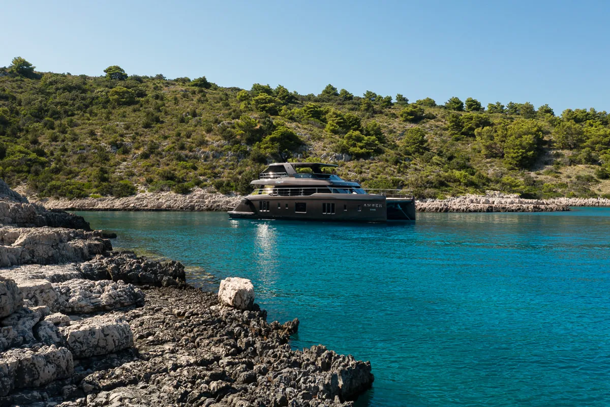 Exterior view of Amber One, a Sunreef Yachts Sunreef 70 Power catamaran at Grad Kaštela, Croatia
