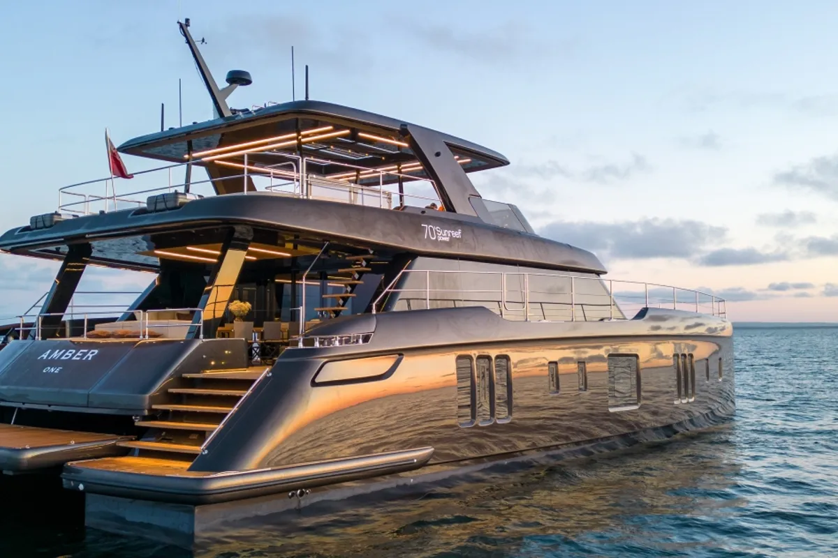 Exterior view of Amber One, a Sunreef Yachts Sunreef 70 Power catamaran at Grad Kaštela, Croatia