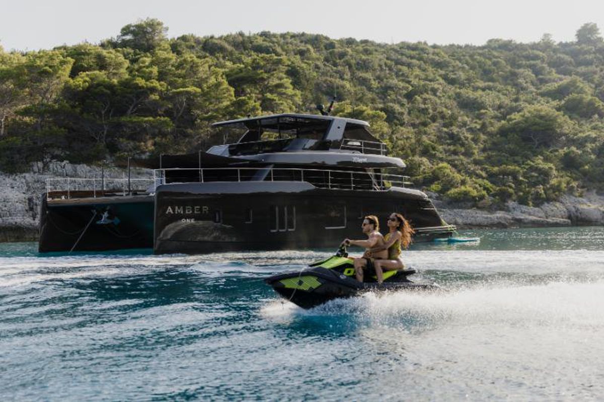 Exterior view of Amber One, a Sunreef Yachts Sunreef 70 Power catamaran at Grad Kaštela, Croatia