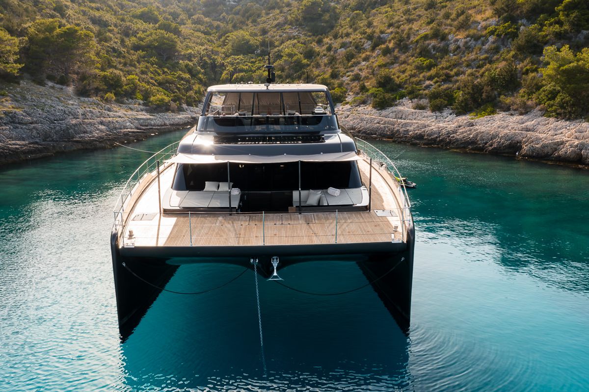 Exterior view of Amber One, a Sunreef Yachts Sunreef 70 Power catamaran at Grad Kaštela, Croatia