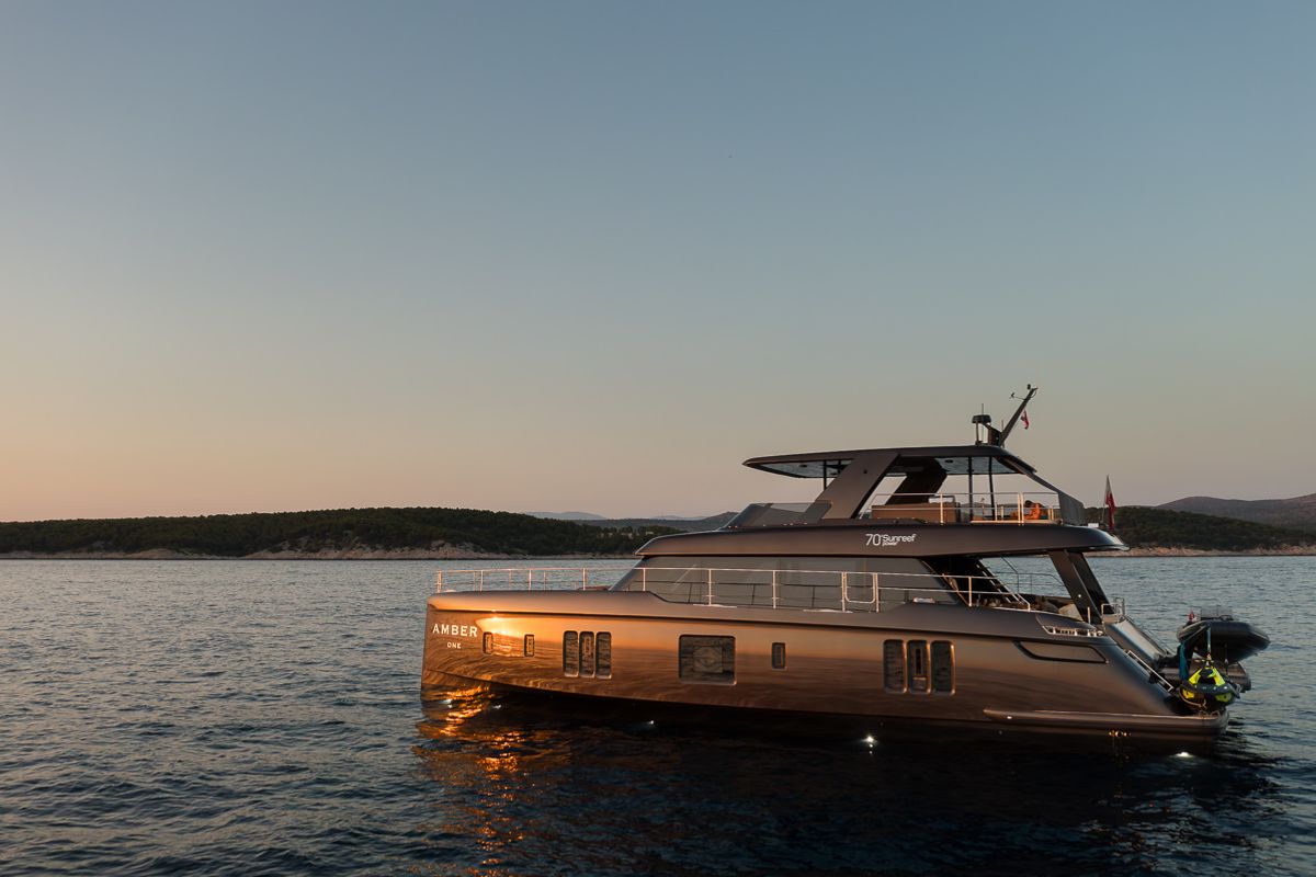 Exterior view of Amber One, a Sunreef Yachts Sunreef 70 Power catamaran at Grad Kaštela, Croatia